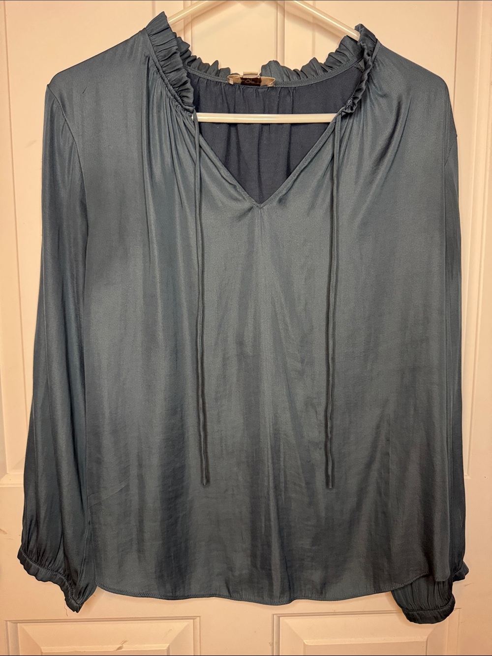 LOFT Slate Blue Ruffle-Neck Tie Front Blouse